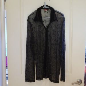 Sheer black long sleeved blouse with velvet collar